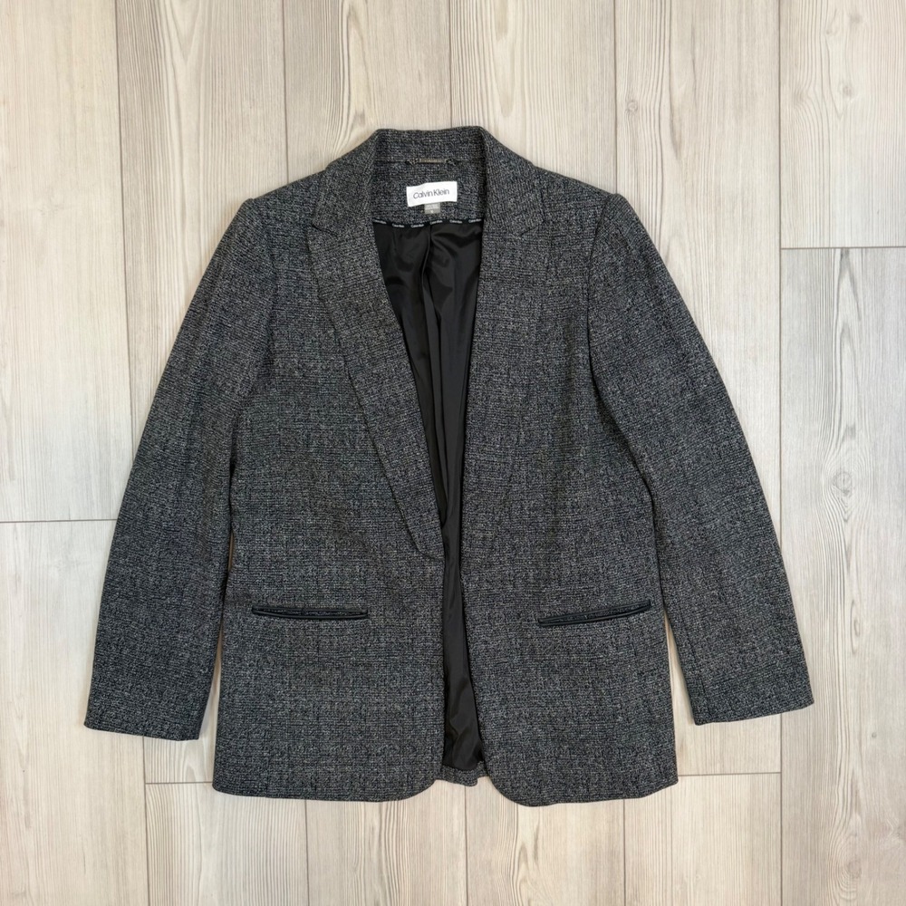 Calvin Klein Womens Black White Tweed Blazer Faux Leather Trim CSHSWIK59 Size 12
